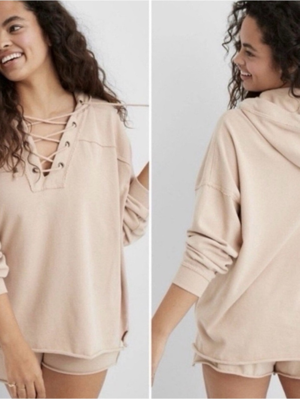 Aerie Sunday Soft Lace-Up Oversized Hoodie in Blush Peach, Size XS